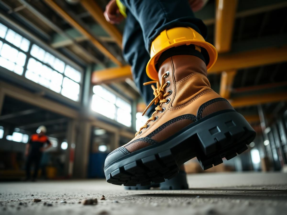 Worker in safety boots on construction site